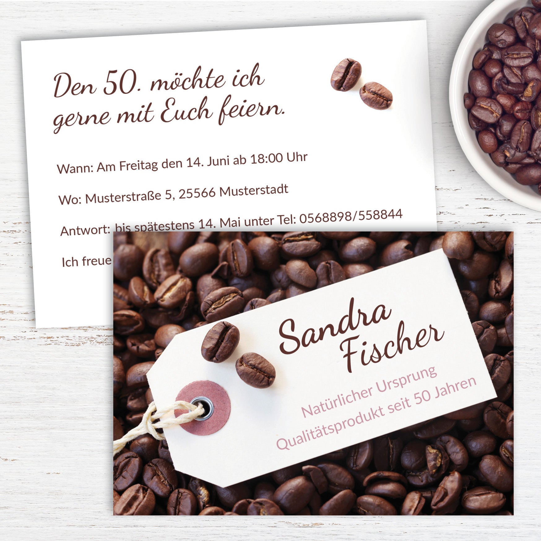 Einladung zum 50. Geburtstag: Kaffee Bohnen - Individuelle Einladung